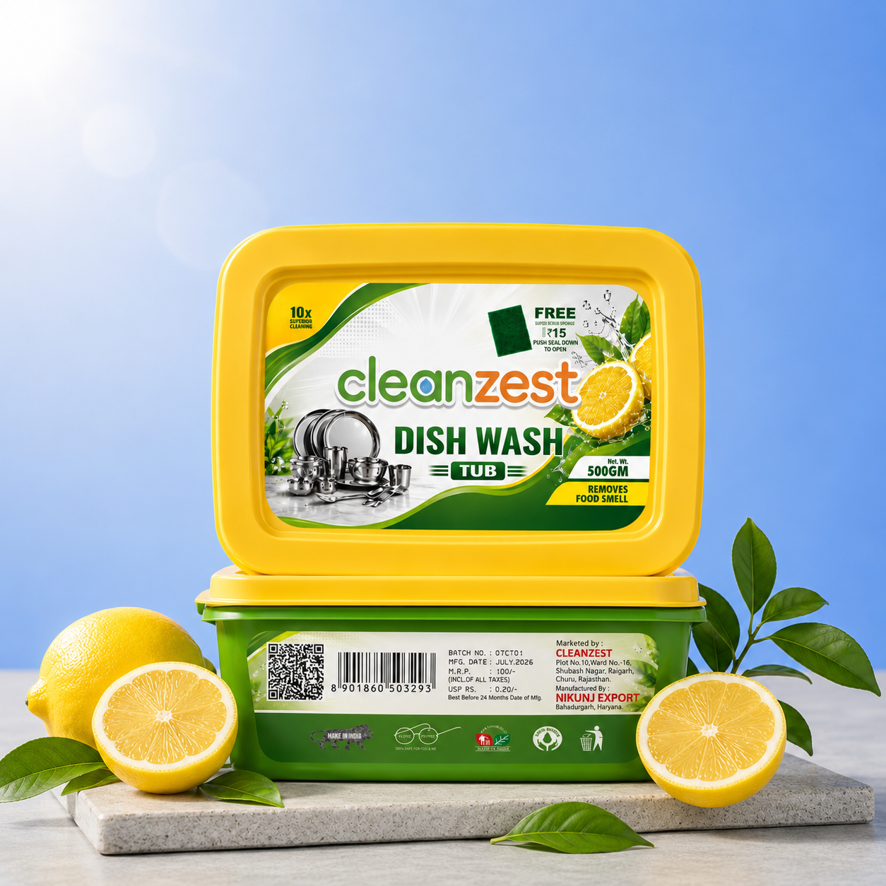 Cleanzest Dish Wash Tub 500g | Powerful Grease Remover | Fresh Lemon Fragrance | Long-Lasting Dish Cleaning Paste